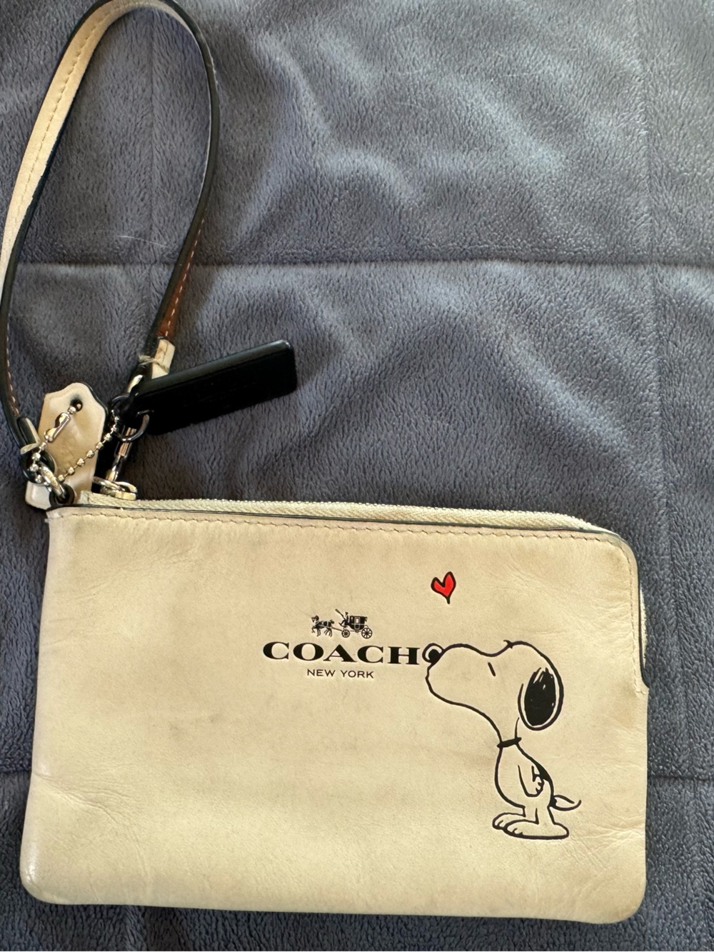 Coach Cream Snoopy Leather Wristlet with Red Heart